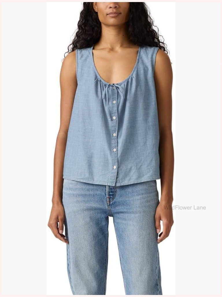 Womens Sleeveless Blouse Round Neck Mandarin Collar Solid Lightweight Cotton Top